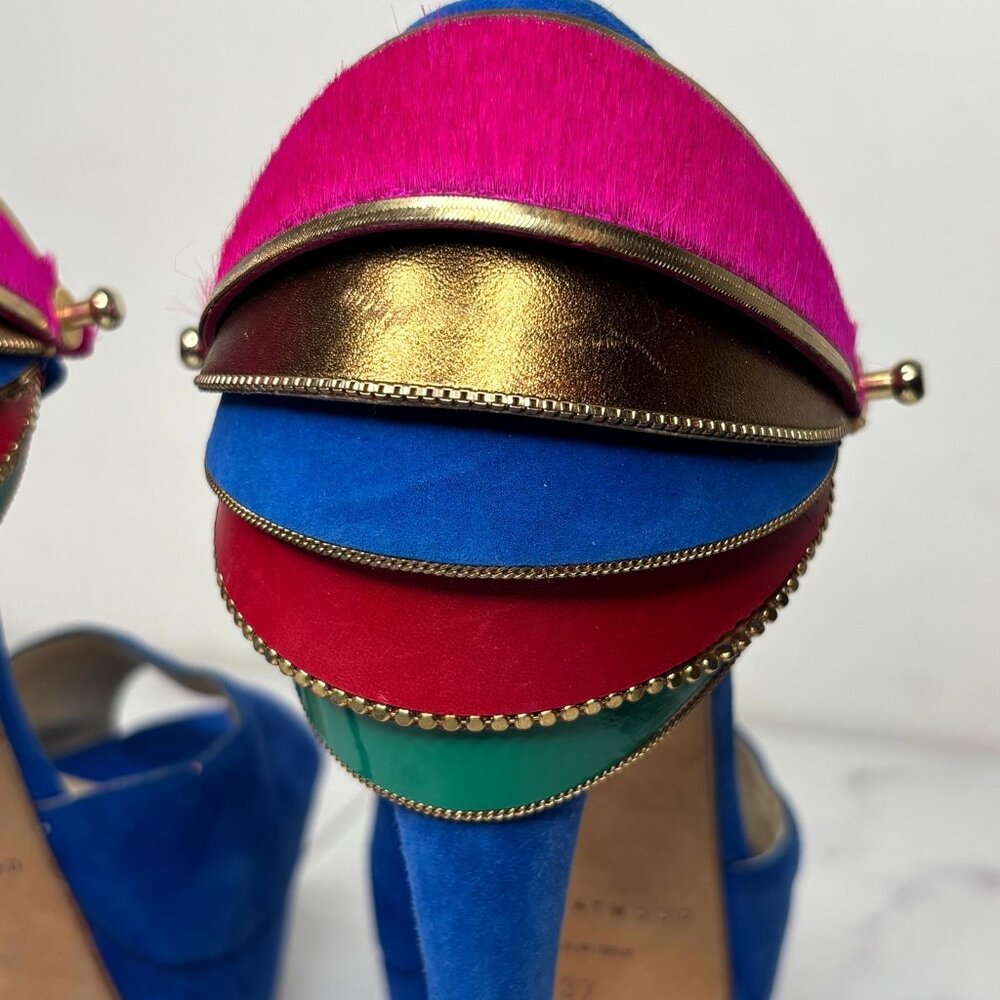 Brian Atwood TRIBECA Cuffed Blue Suede Platform Heels Multicolor Ankle Strap 37 - Picture 8 of 12